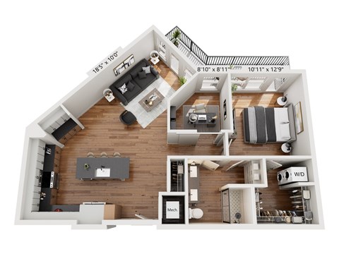 A 3D floor plan of a house with a living room, kitchen, and two bedrooms.